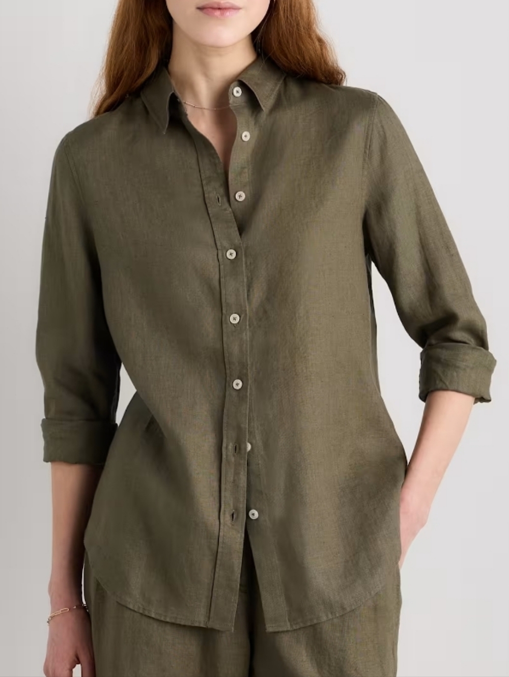Quince Womens 100% European Linen Long Sleeve Shirt Olive Green Size Large